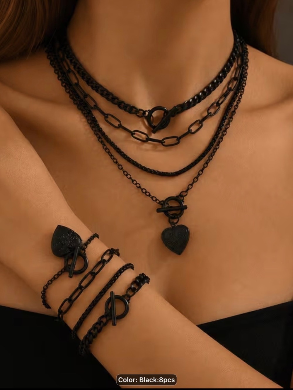 8-Piece Black Layered Chain Necklace and Bracelet Set with Heart Pendant nwot